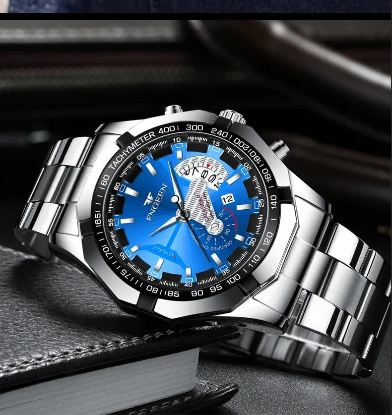Luxus Herrenuhren Edelstahlband Mode Wasserdicht Quarzuhr Für Mann Kalender Männliche Uhr Reloj Hombre FNGEEN S001