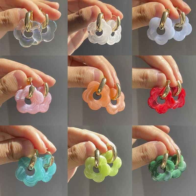 2024 neue Bunte Blume Harz Acryl Charms Ohrring Gold Farbe Kreis Ohr Schnalle Hoop Ohrringe für Frauen Nettes Geschenk Schmuck