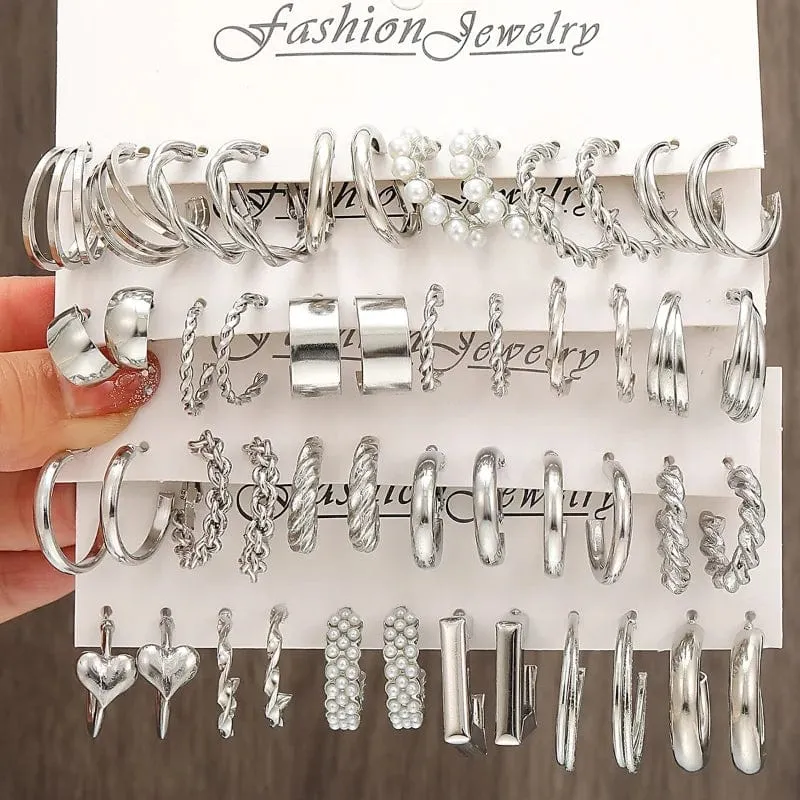 6 teile/satz Silber Farbe Geometrische Perle Twist Hoop Ohrringe Für Frauen Vintage Metall Herz Kreis Ohrringe Hochzeit Modeschmuck