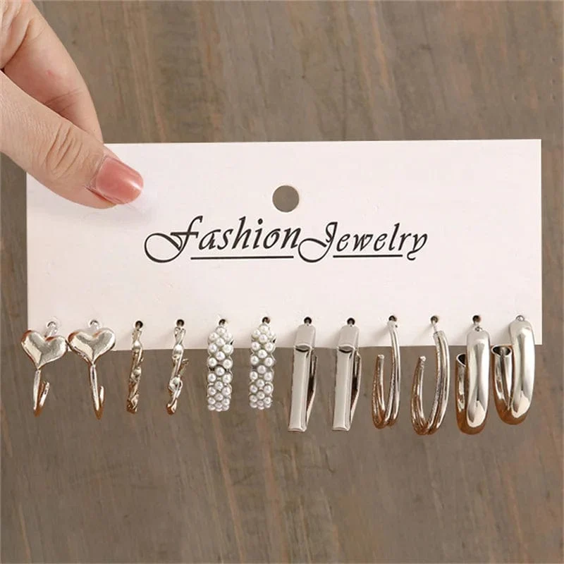 6 teile/satz Silber Farbe Geometrische Perle Twist Hoop Ohrringe Für Frauen Vintage Metall Herz Kreis Ohrringe Hochzeit Modeschmuck
