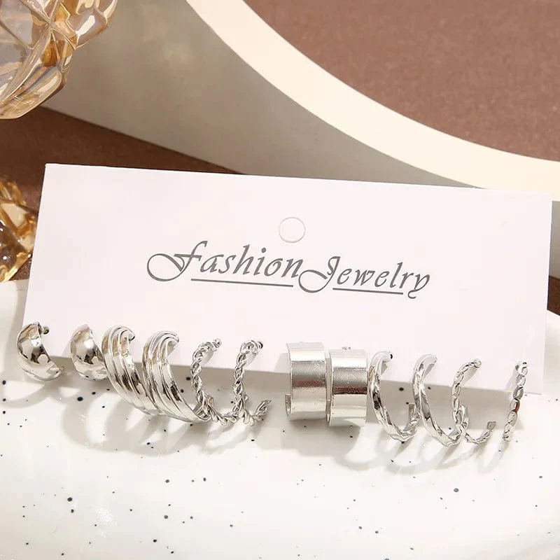 6 teile/satz Silber Farbe Geometrische Perle Twist Hoop Ohrringe Für Frauen Vintage Metall Herz Kreis Ohrringe Hochzeit Modeschmuck