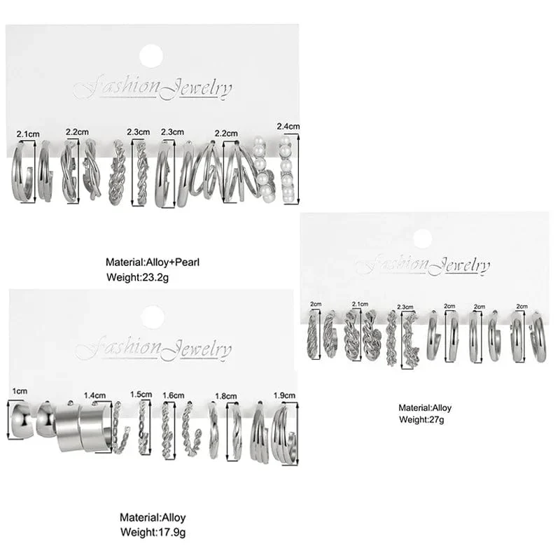 6 teile/satz Silber Farbe Geometrische Perle Twist Hoop Ohrringe Für Frauen Vintage Metall Herz Kreis Ohrringe Hochzeit Modeschmuck