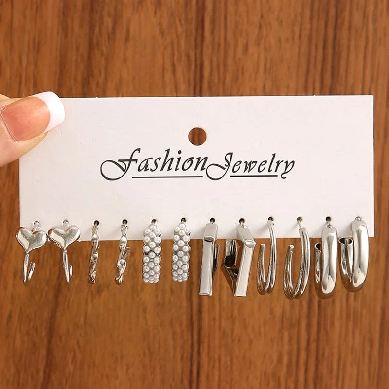6 teile/satz Silber Farbe Geometrische Perle Twist Hoop Ohrringe Für Frauen Vintage Metall Herz Kreis Ohrringe Hochzeit Modeschmuck