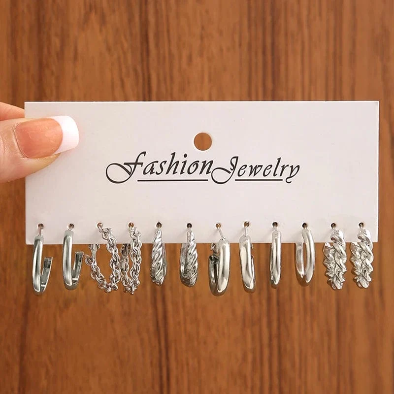 6 teile/satz Silber Farbe Geometrische Perle Twist Hoop Ohrringe Für Frauen Vintage Metall Herz Kreis Ohrringe Hochzeit Modeschmuck