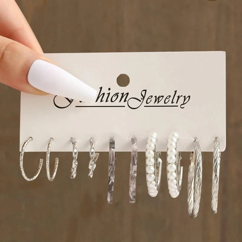 6 teile/satz Silber Farbe Geometrische Perle Twist Hoop Ohrringe Für Frauen Vintage Metall Herz Kreis Ohrringe Hochzeit Modeschmuck