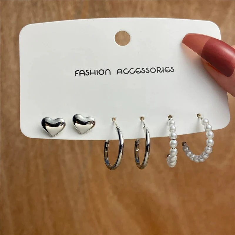 6 teile/satz Silber Farbe Geometrische Perle Twist Hoop Ohrringe Für Frauen Vintage Metall Herz Kreis Ohrringe Hochzeit Modeschmuck
