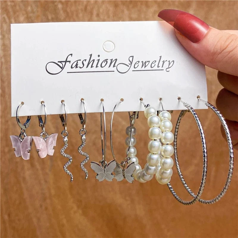 6 teile/satz Silber Farbe Geometrische Perle Twist Hoop Ohrringe Für Frauen Vintage Metall Herz Kreis Ohrringe Hochzeit Modeschmuck