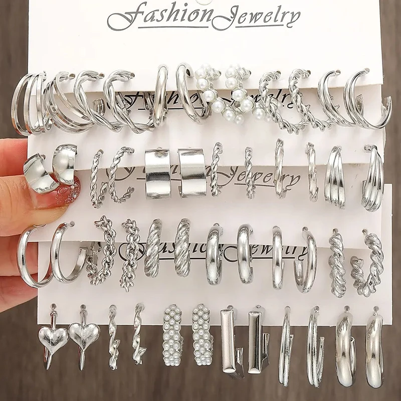 6 teile/satz Silber Farbe Geometrische Perle Twist Hoop Ohrringe Für Frauen Vintage Metall Herz Kreis Ohrringe Hochzeit Modeschmuck