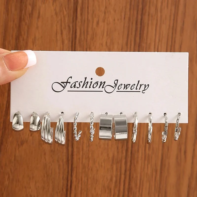 6 teile/satz Silber Farbe Geometrische Perle Twist Hoop Ohrringe Für Frauen Vintage Metall Herz Kreis Ohrringe Hochzeit Modeschmuck