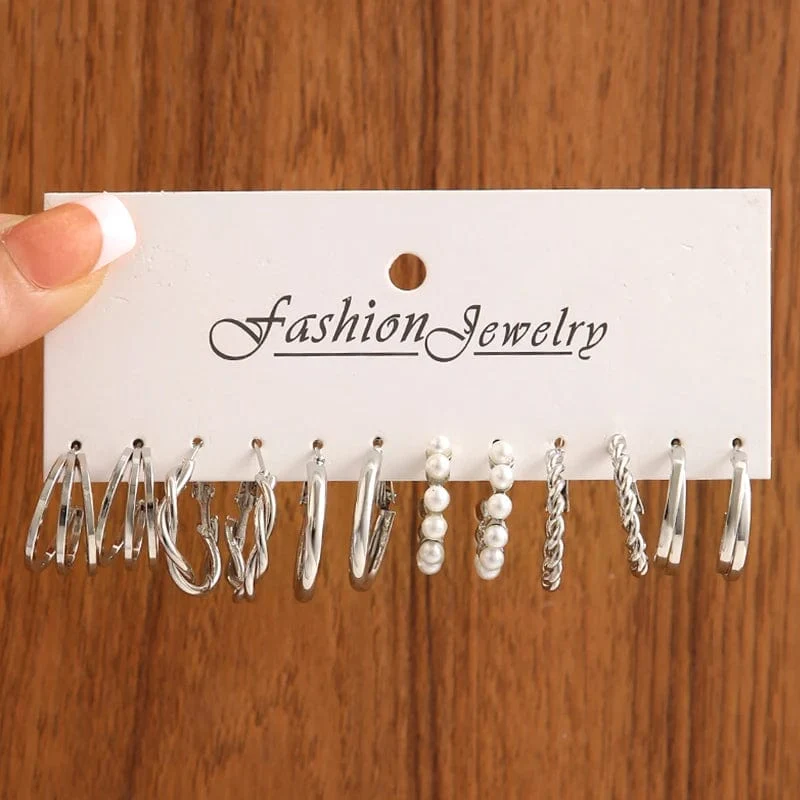 6 teile/satz Silber Farbe Geometrische Perle Twist Hoop Ohrringe Für Frauen Vintage Metall Herz Kreis Ohrringe Hochzeit Modeschmuck