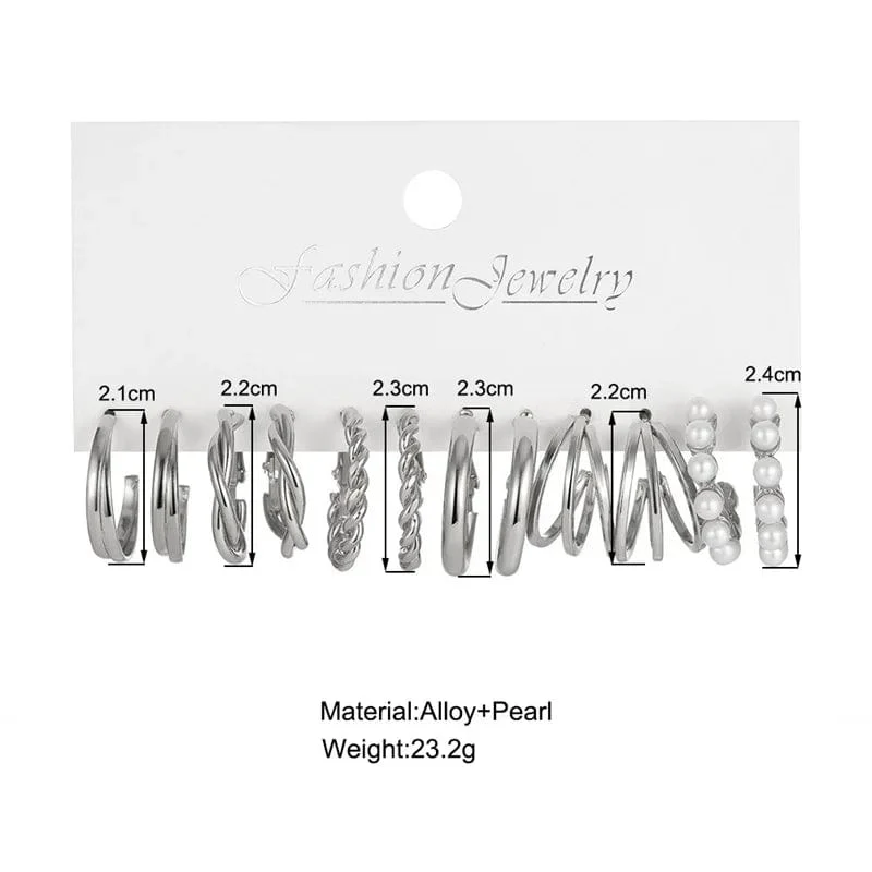 6 teile/satz Silber Farbe Geometrische Perle Twist Hoop Ohrringe Für Frauen Vintage Metall Herz Kreis Ohrringe Hochzeit Modeschmuck