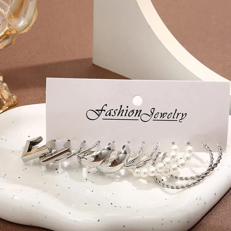 6 teile/satz Silber Farbe Geometrische Perle Twist Hoop Ohrringe Für Frauen Vintage Metall Herz Kreis Ohrringe Hochzeit Modeschmuck
