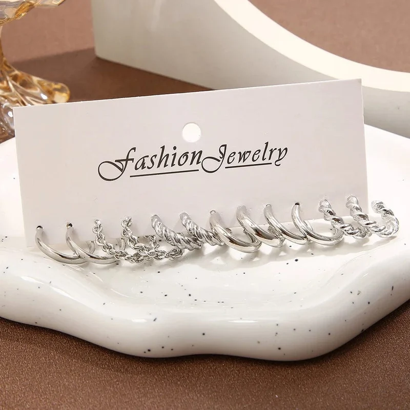 6 teile/satz Silber Farbe Geometrische Perle Twist Hoop Ohrringe Für Frauen Vintage Metall Herz Kreis Ohrringe Hochzeit Modeschmuck