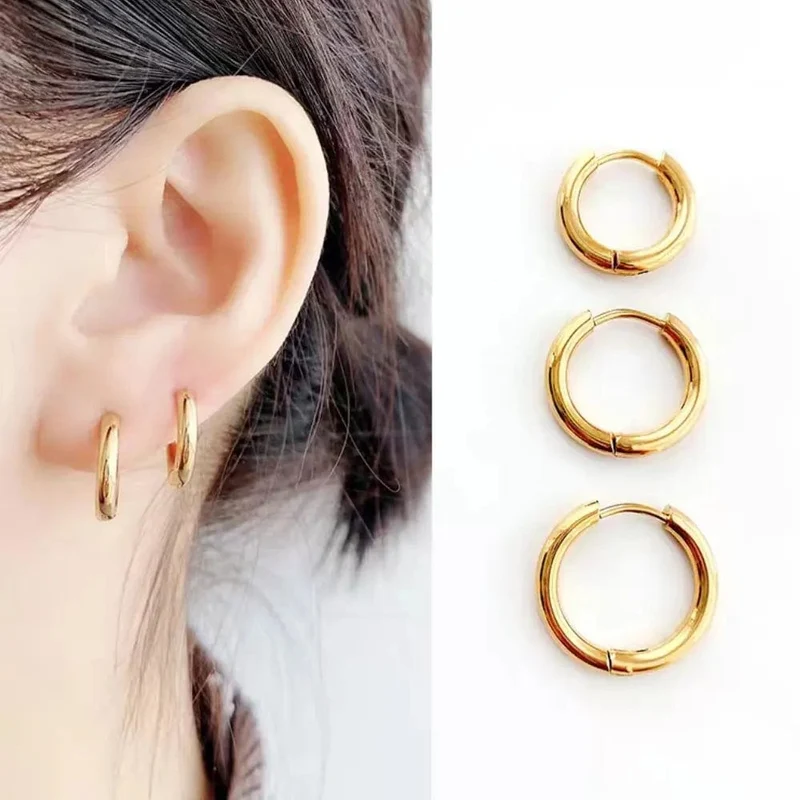 2 Teil/satz Edelstahl Kleine Creolen für Frauen Männer Gold Farbe Schwarz Kreis Dicken Ohr Ring Huggie Ohrringe Hoop Piercing