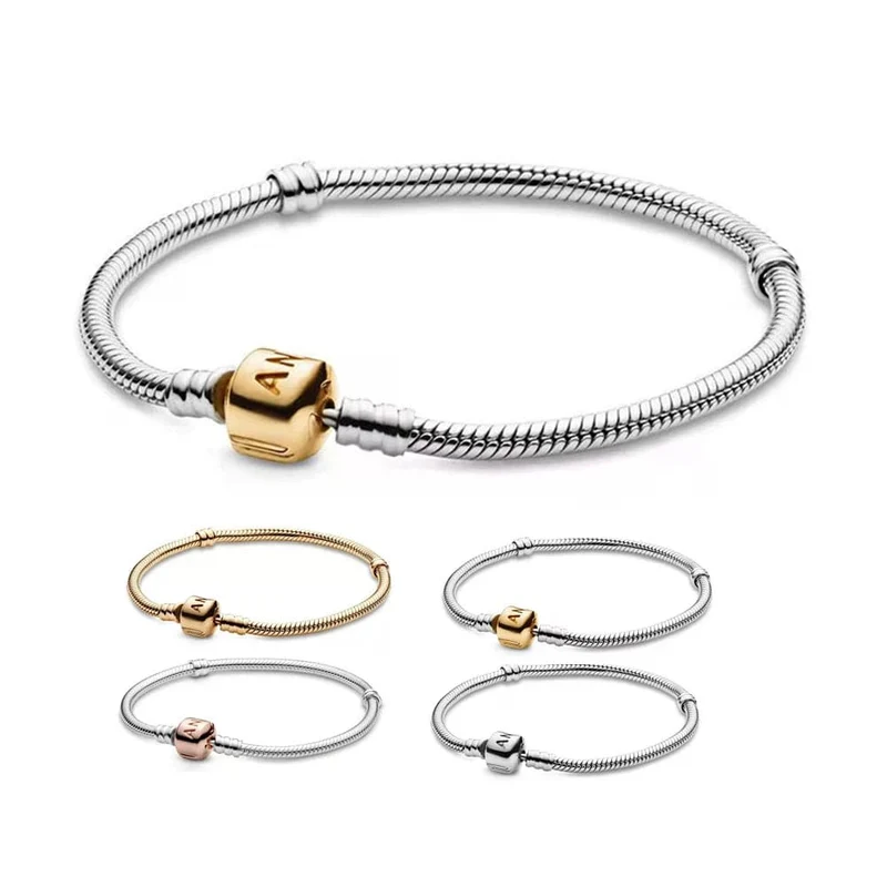 Passend für Original Pandora 925 Sterling Silber Moments Schlangenkettenarmband 4 Farben Roségold Silber für Frauen Luxus Schmuck Geschenk