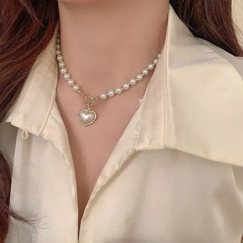Elegante Perlenkette für Frauen Herz-Anhänger Halsketten Luxus Nachahmung Perlen Kette Halsketten koreanischen Schmuck Mädchen Geschenke