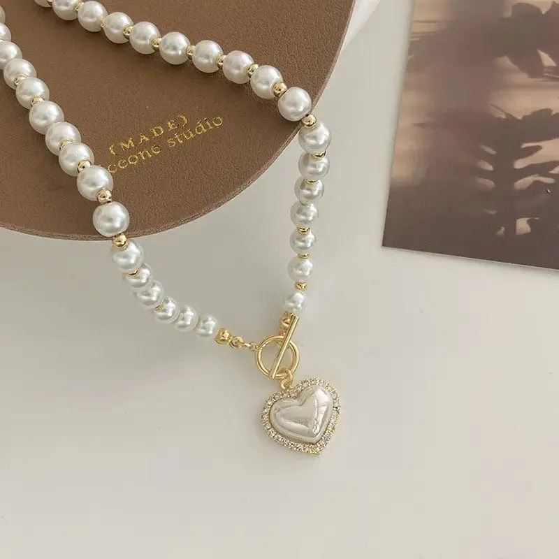 Elegante Perlenkette für Frauen Herz-Anhänger Halsketten Luxus Nachahmung Perlen Kette Halsketten koreanischen Schmuck Mädchen Geschenke