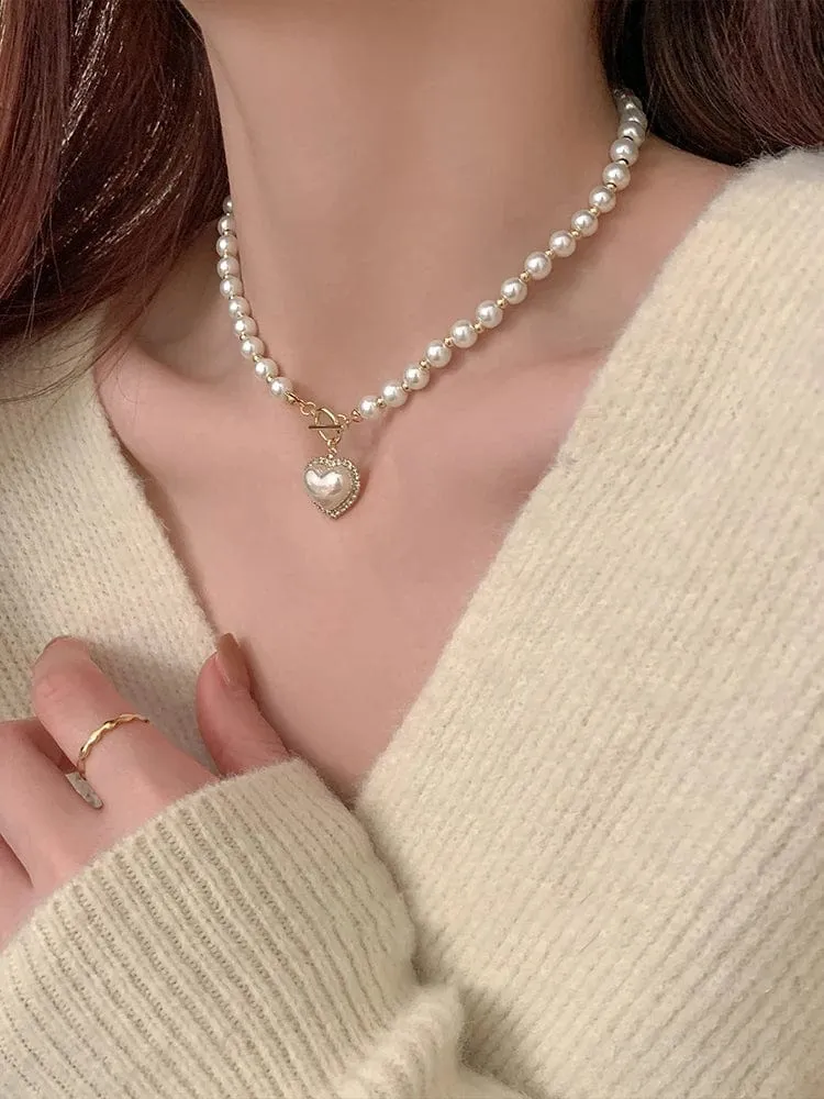 Elegante Perlenkette für Frauen Herz-Anhänger Halsketten Luxus Nachahmung Perlen Kette Halsketten koreanischen Schmuck Mädchen Geschenke