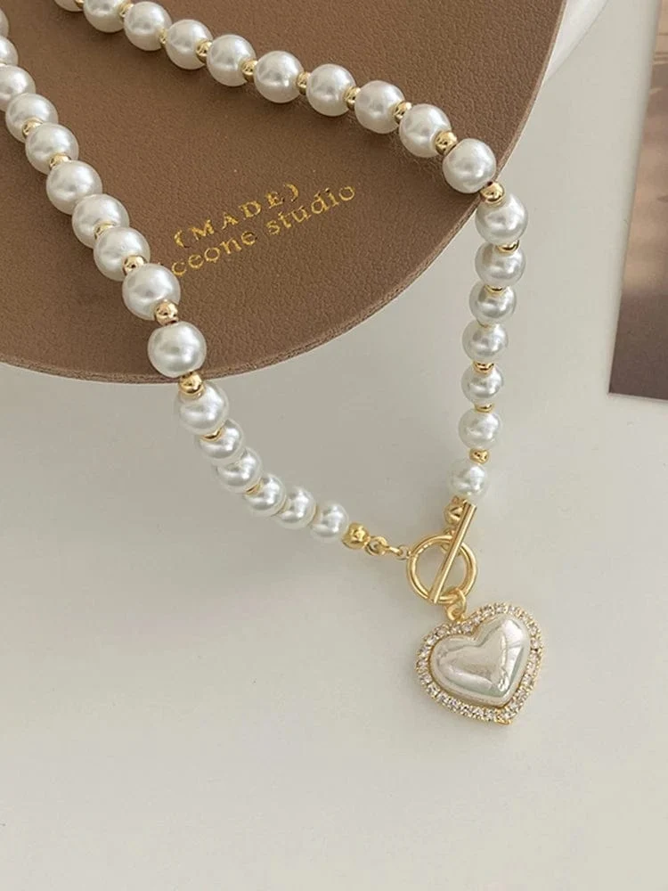 Elegante Perlenkette für Frauen Herz-Anhänger Halsketten Luxus Nachahmung Perlen Kette Halsketten koreanischen Schmuck Mädchen Geschenke