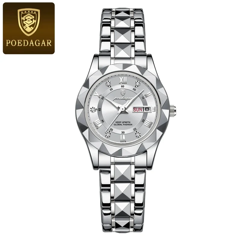 POEDAGAR Luxus Damen Kleid Uhr Leuchtende Wasserdichte Woche Datum Frau Armbanduhr Edelstahl Frauen Quarz Uhren reloj + box