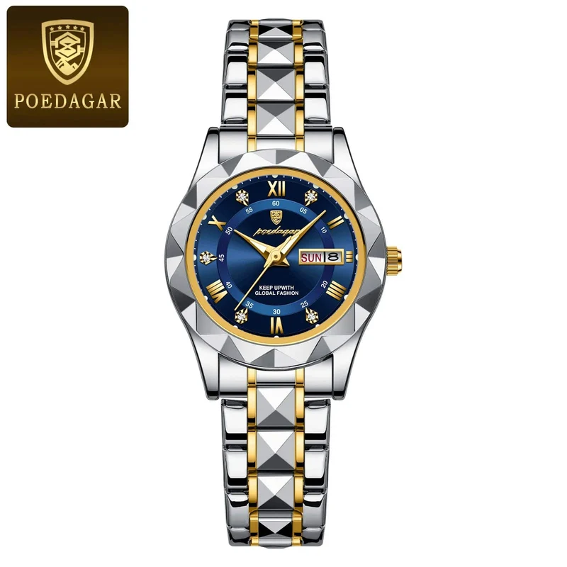 POEDAGAR Luxus Damen Kleid Uhr Leuchtende Wasserdichte Woche Datum Frau Armbanduhr Edelstahl Frauen Quarz Uhren reloj + box