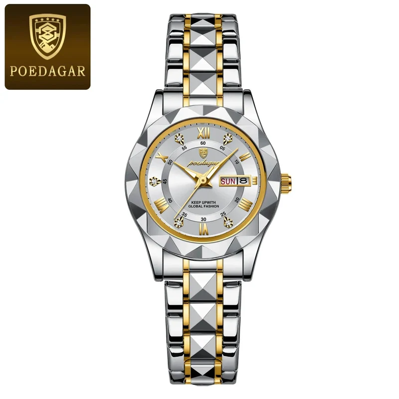 POEDAGAR Luxus Damen Kleid Uhr Leuchtende Wasserdichte Woche Datum Frau Armbanduhr Edelstahl Frauen Quarz Uhren reloj + box