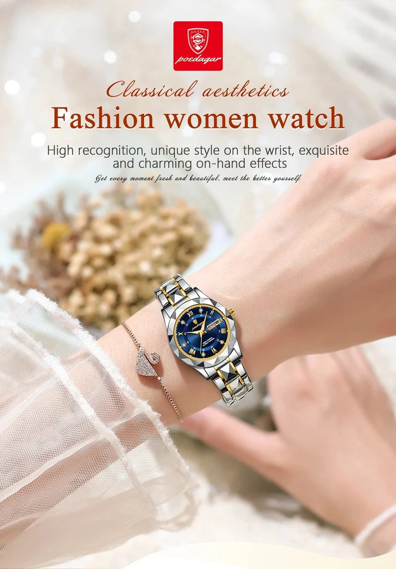 POEDAGAR Luxus Damen Kleid Uhr Leuchtende Wasserdichte Woche Datum Frau Armbanduhr Edelstahl Frauen Quarz Uhren reloj + box