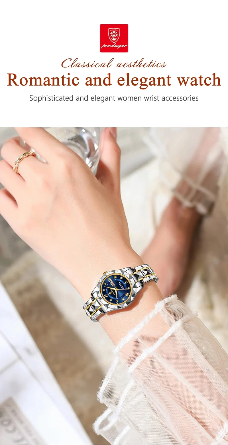POEDAGAR Luxus Damen Kleid Uhr Leuchtende Wasserdichte Woche Datum Frau Armbanduhr Edelstahl Frauen Quarz Uhren reloj + box