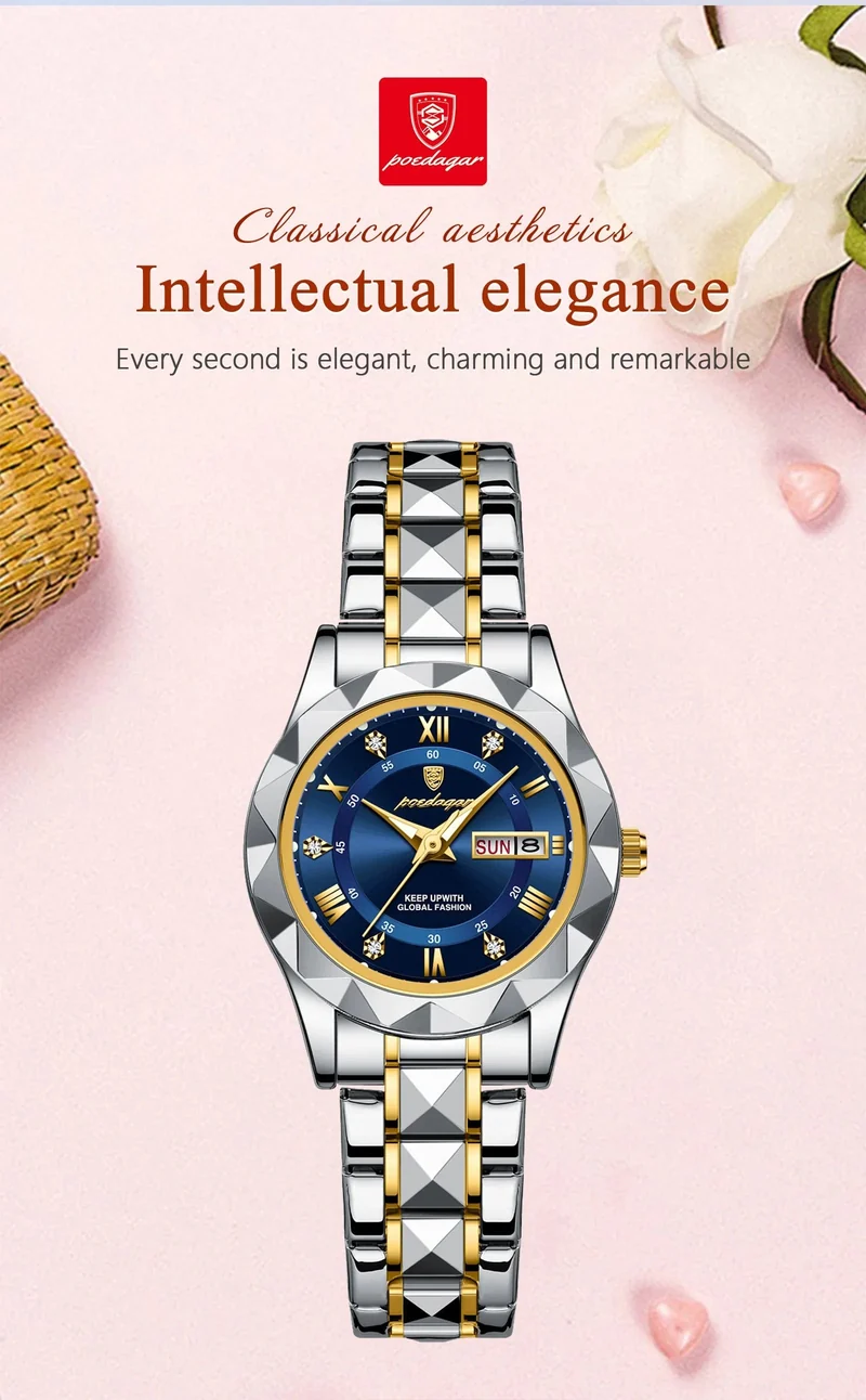 POEDAGAR Luxus Damen Kleid Uhr Leuchtende Wasserdichte Woche Datum Frau Armbanduhr Edelstahl Frauen Quarz Uhren reloj + box