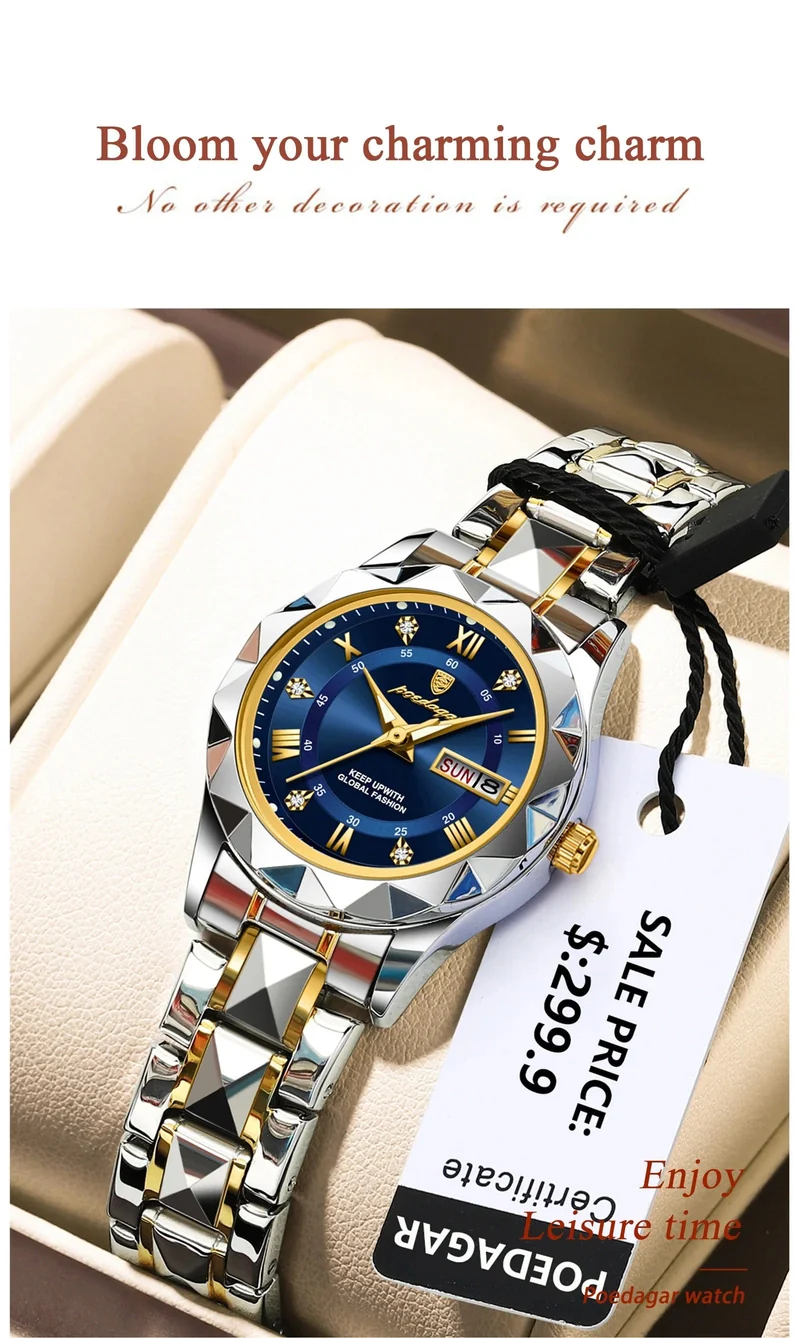 POEDAGAR Luxus Damen Kleid Uhr Leuchtende Wasserdichte Woche Datum Frau Armbanduhr Edelstahl Frauen Quarz Uhren reloj + box