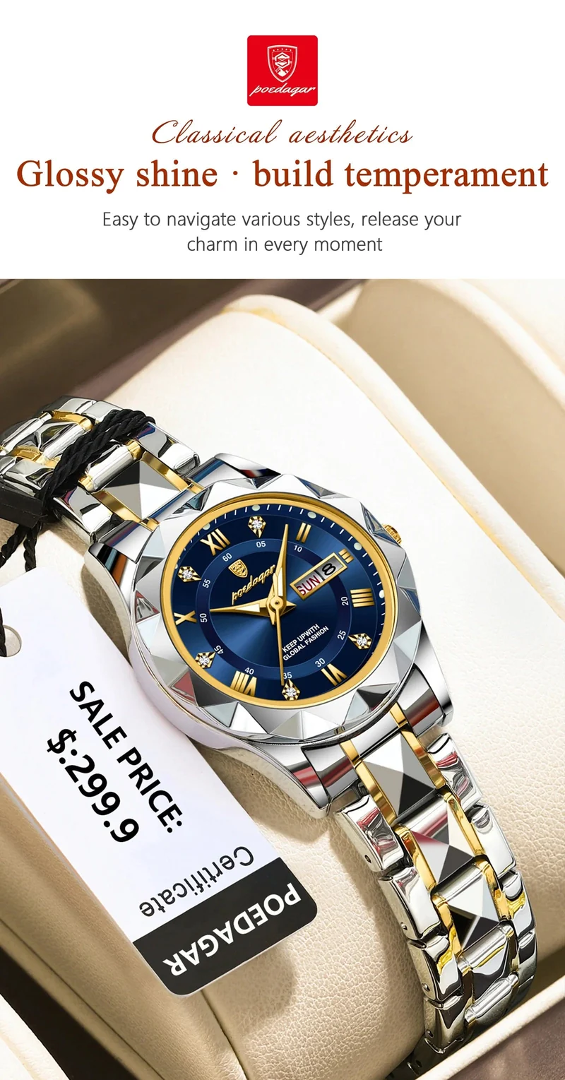 POEDAGAR Luxus Damen Kleid Uhr Leuchtende Wasserdichte Woche Datum Frau Armbanduhr Edelstahl Frauen Quarz Uhren reloj + box