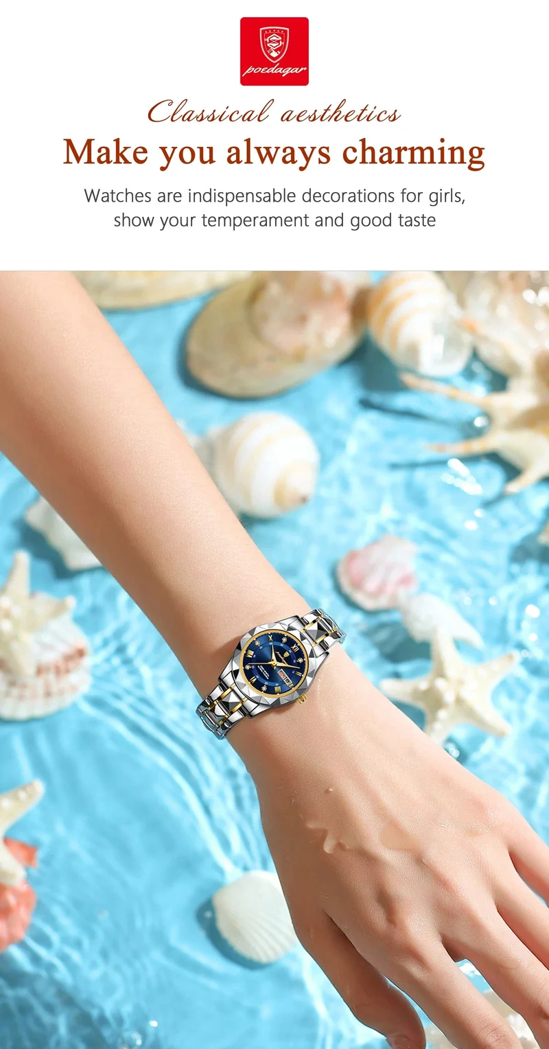 POEDAGAR Luxus Damen Kleid Uhr Leuchtende Wasserdichte Woche Datum Frau Armbanduhr Edelstahl Frauen Quarz Uhren reloj + box