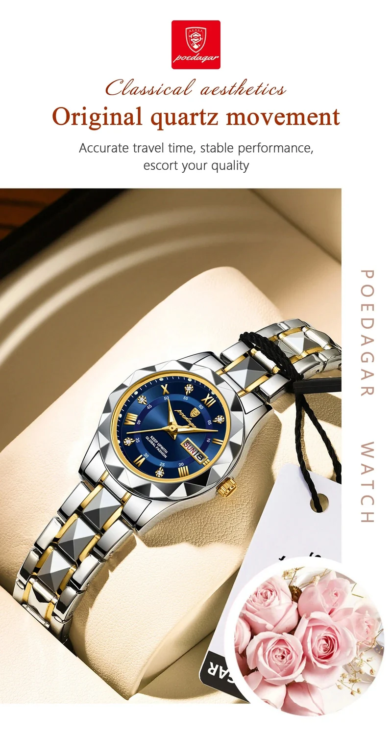 POEDAGAR Luxus Damen Kleid Uhr Leuchtende Wasserdichte Woche Datum Frau Armbanduhr Edelstahl Frauen Quarz Uhren reloj + box