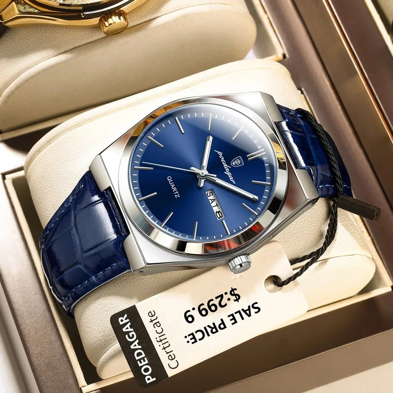 POEDAGAR Luxusuhr für Männer Militär Leder Mann Armbanduhr Quarzuhr Wasserdicht Leucht Datum Woche Herrenuhren Reloj + Box