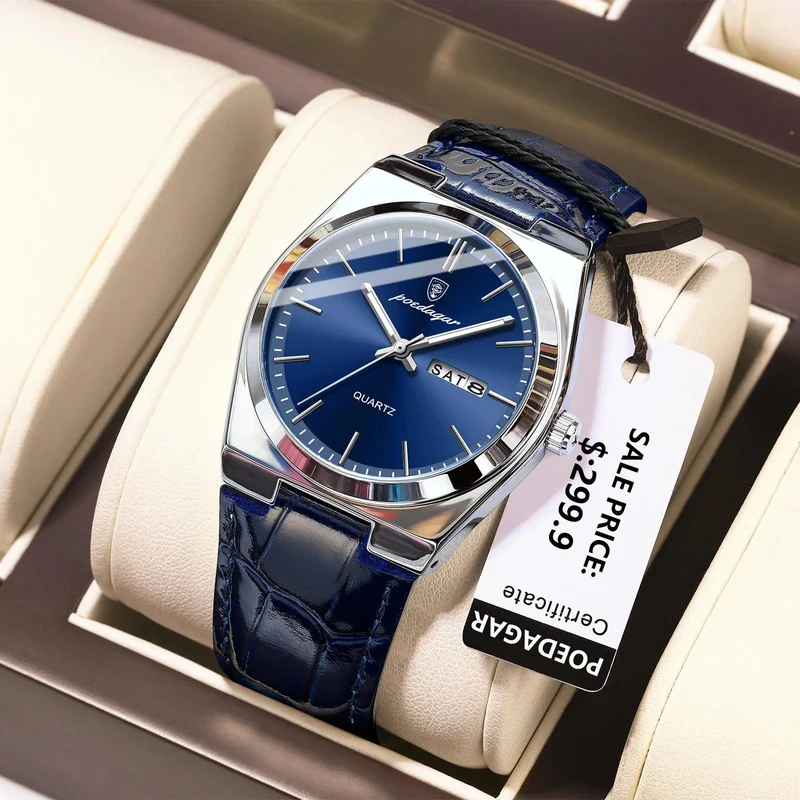 POEDAGAR Luxusuhr für Männer Militär Leder Mann Armbanduhr Quarzuhr Wasserdicht Leucht Datum Woche Herrenuhren Reloj + Box