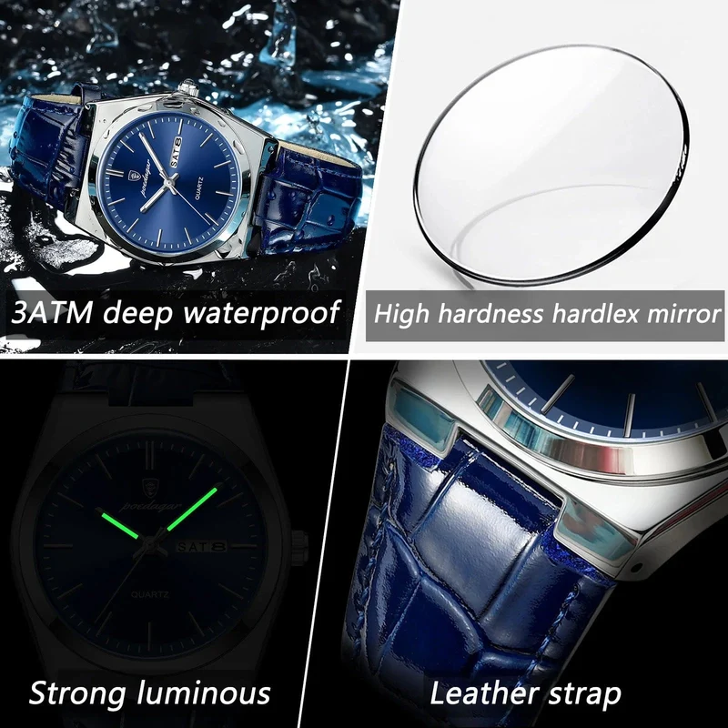 POEDAGAR Luxusuhr für Männer Militär Leder Mann Armbanduhr Quarzuhr Wasserdicht Leucht Datum Woche Herrenuhren Reloj + Box