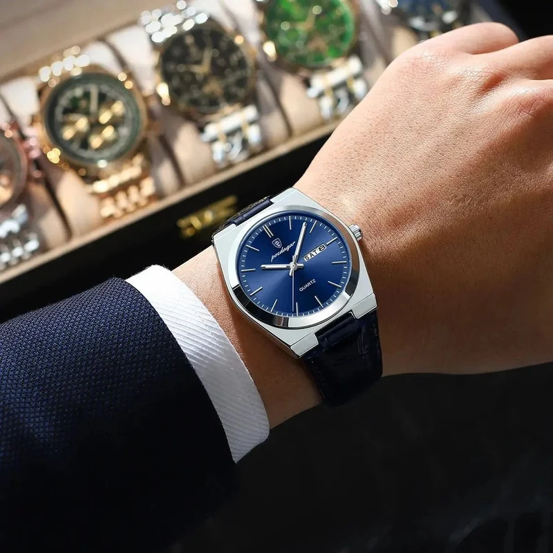 POEDAGAR Luxusuhr für Männer Militär Leder Mann Armbanduhr Quarzuhr Wasserdicht Leucht Datum Woche Herrenuhren Reloj + Box