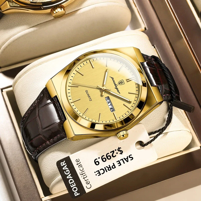 POEDAGAR Luxusuhr für Männer Militär Leder Mann Armbanduhr Quarzuhr Wasserdicht Leucht Datum Woche Herrenuhren Reloj + Box