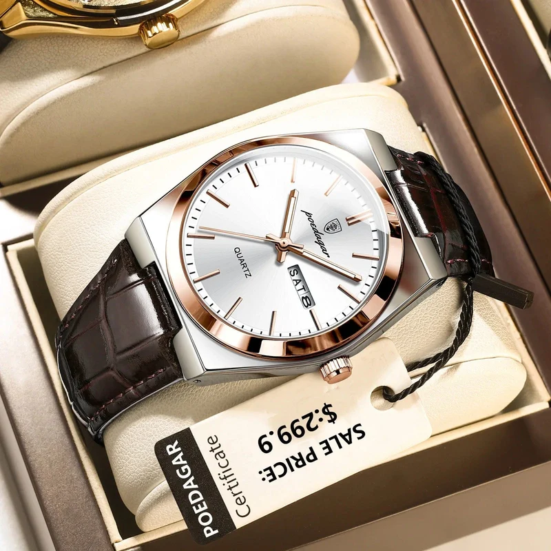 POEDAGAR Luxusuhr für Männer Militär Leder Mann Armbanduhr Quarzuhr Wasserdicht Leucht Datum Woche Herrenuhren Reloj + Box