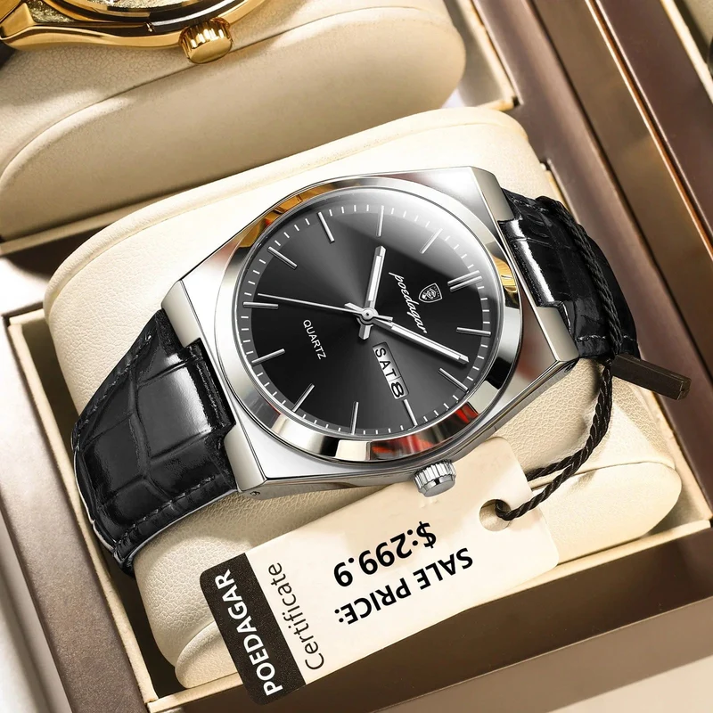 POEDAGAR Luxusuhr für Männer Militär Leder Mann Armbanduhr Quarzuhr Wasserdicht Leucht Datum Woche Herrenuhren Reloj + Box