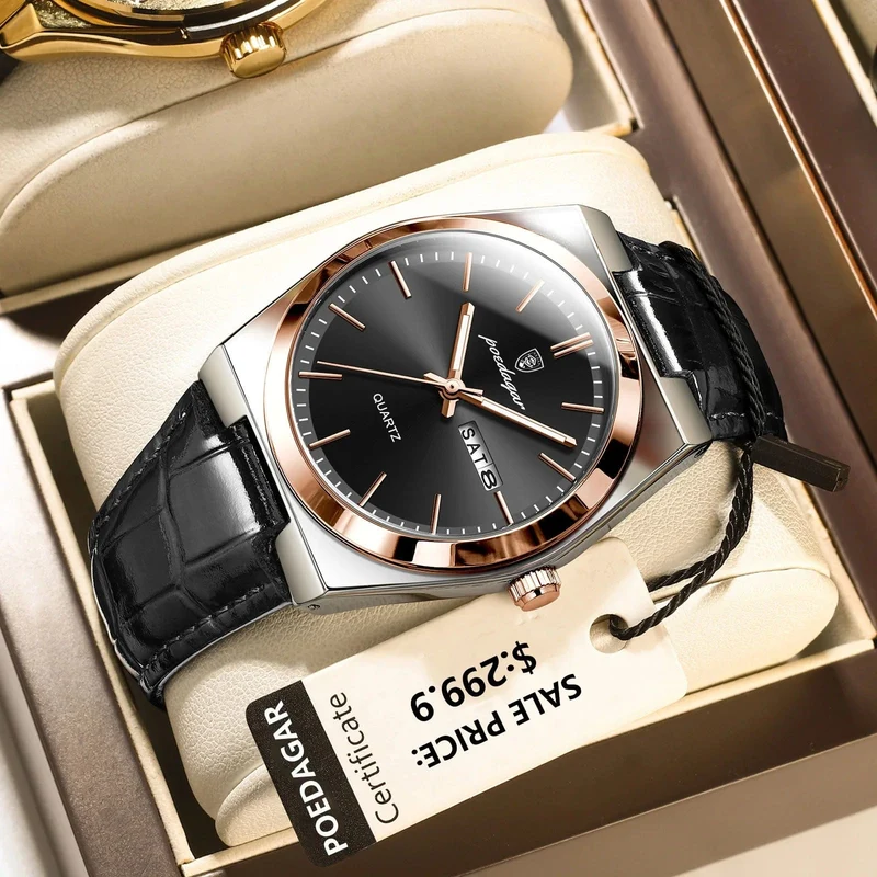 POEDAGAR Luxusuhr für Männer Militär Leder Mann Armbanduhr Quarzuhr Wasserdicht Leucht Datum Woche Herrenuhren Reloj + Box