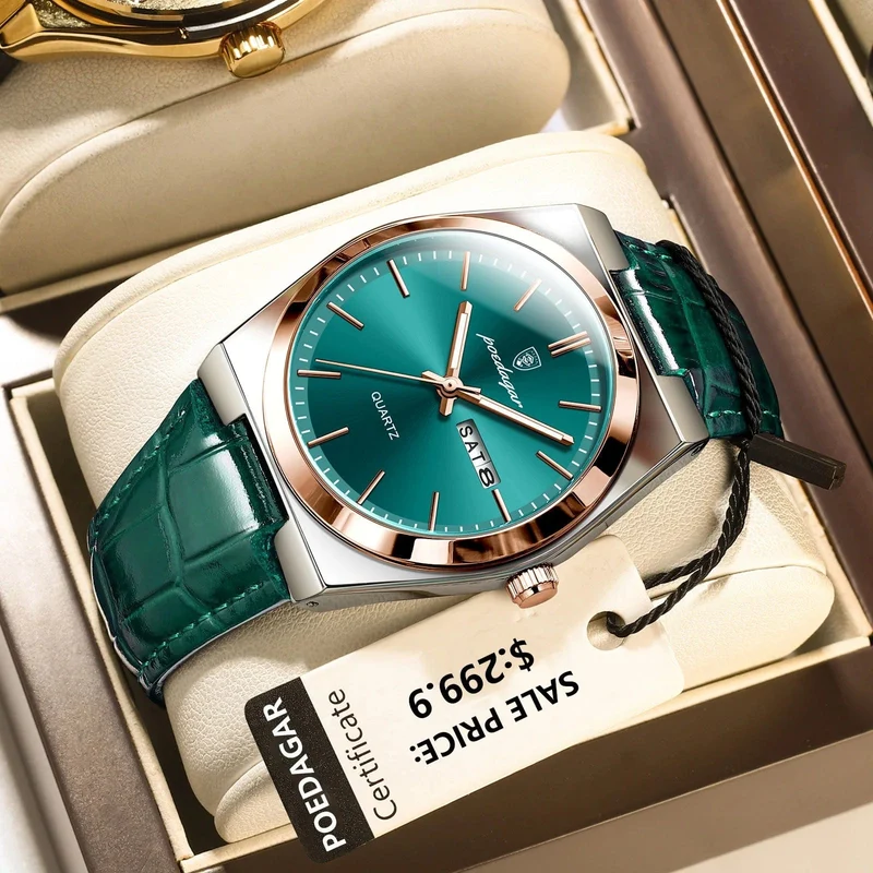 POEDAGAR Luxusuhr für Männer Militär Leder Mann Armbanduhr Quarzuhr Wasserdicht Leucht Datum Woche Herrenuhren Reloj + Box
