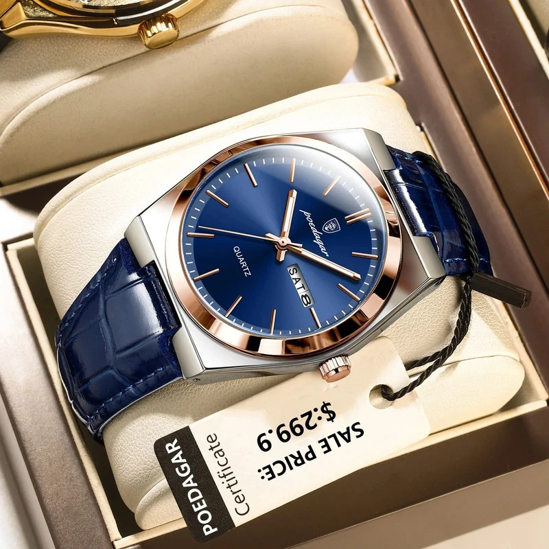 POEDAGAR Luxusuhr für Männer Militär Leder Mann Armbanduhr Quarzuhr Wasserdicht Leucht Datum Woche Herrenuhren Reloj + Box