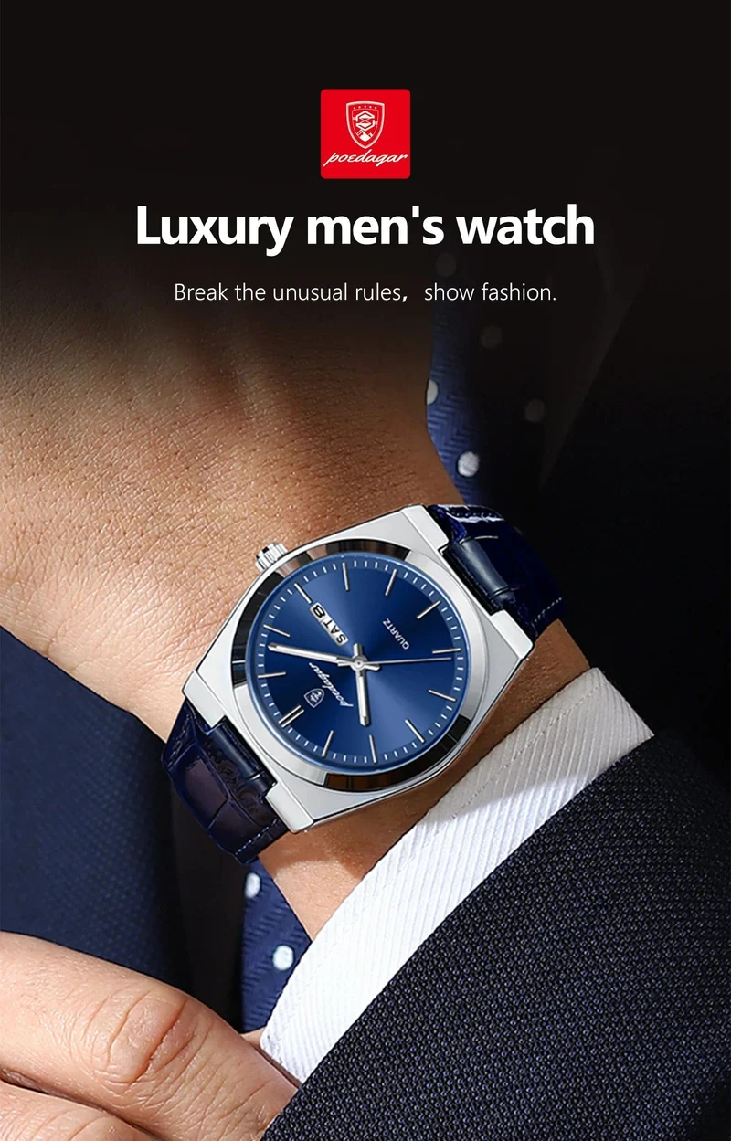 POEDAGAR Luxusuhr für Männer Militär Leder Mann Armbanduhr Quarzuhr Wasserdicht Leucht Datum Woche Herrenuhren Reloj + Box