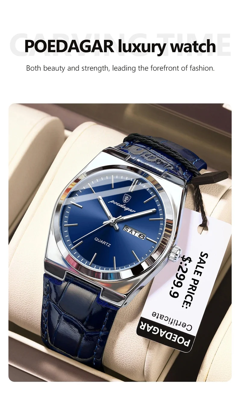 POEDAGAR Luxusuhr für Männer Militär Leder Mann Armbanduhr Quarzuhr Wasserdicht Leucht Datum Woche Herrenuhren Reloj + Box