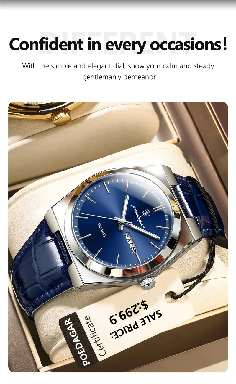 POEDAGAR Luxusuhr für Männer Militär Leder Mann Armbanduhr Quarzuhr Wasserdicht Leucht Datum Woche Herrenuhren Reloj + Box
