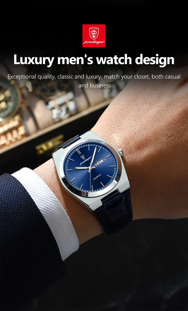 POEDAGAR Luxusuhr für Männer Militär Leder Mann Armbanduhr Quarzuhr Wasserdicht Leucht Datum Woche Herrenuhren Reloj + Box