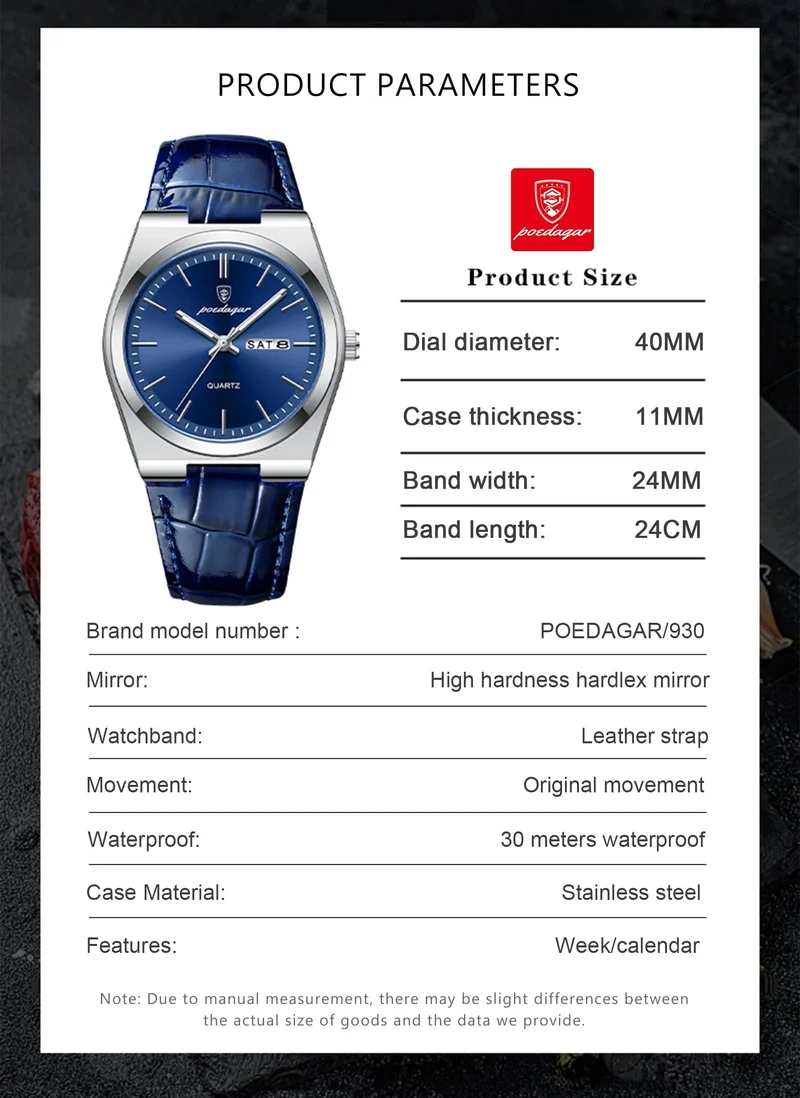 POEDAGAR Luxusuhr für Männer Militär Leder Mann Armbanduhr Quarzuhr Wasserdicht Leucht Datum Woche Herrenuhren Reloj + Box