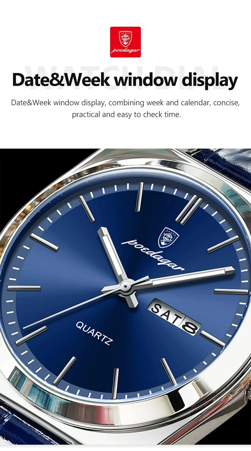 POEDAGAR Luxusuhr für Männer Militär Leder Mann Armbanduhr Quarzuhr Wasserdicht Leucht Datum Woche Herrenuhren Reloj + Box
