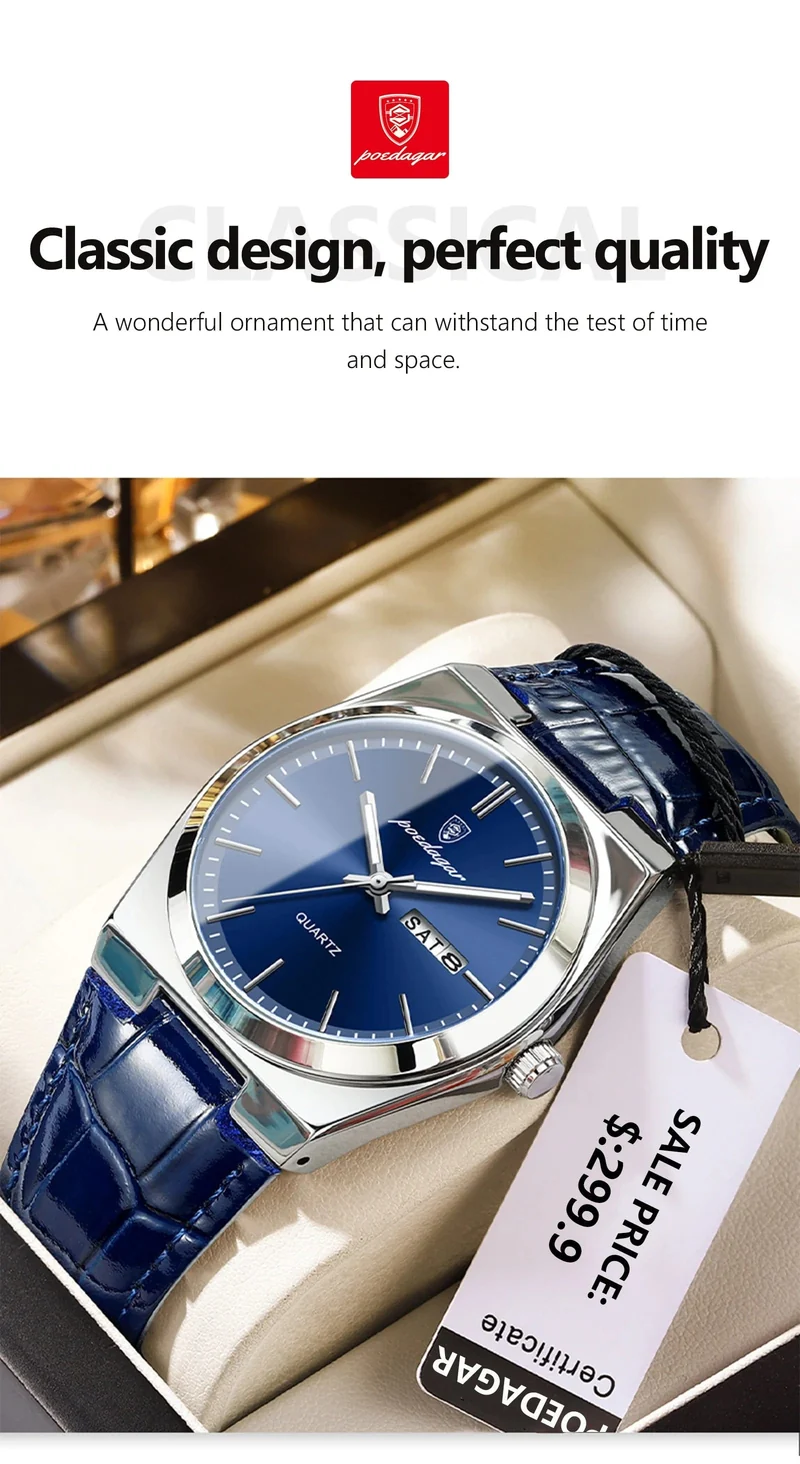 POEDAGAR Luxusuhr für Männer Militär Leder Mann Armbanduhr Quarzuhr Wasserdicht Leucht Datum Woche Herrenuhren Reloj + Box